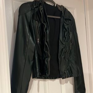 Dark green leather jacket with gray hood. Size 4